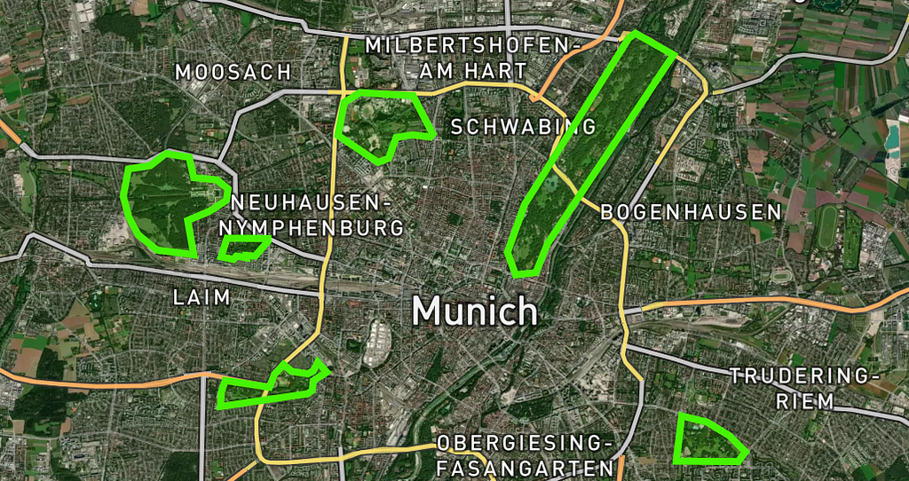 Image with boundaries of parks of the Munich