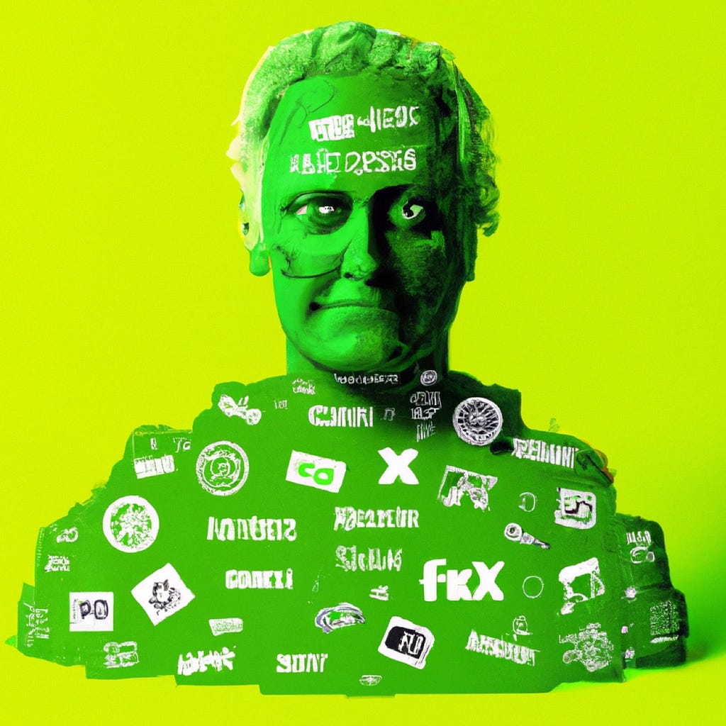 The Frankensteinian bastard child of SAFe® and the Spotify model. Green buste with cyborg facial features on green background coverd in imaginary logos of social media and tech companies.