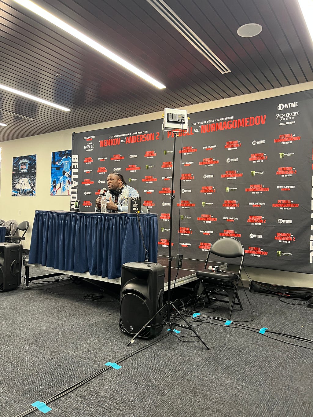 №8 heavyweight Daniel James speaks to backstage media following his technical knockout win against Tyrell Fortune at Bellator 288 Nov. 18 at Wintrust Arena. (Zain Bando/MEDILL)