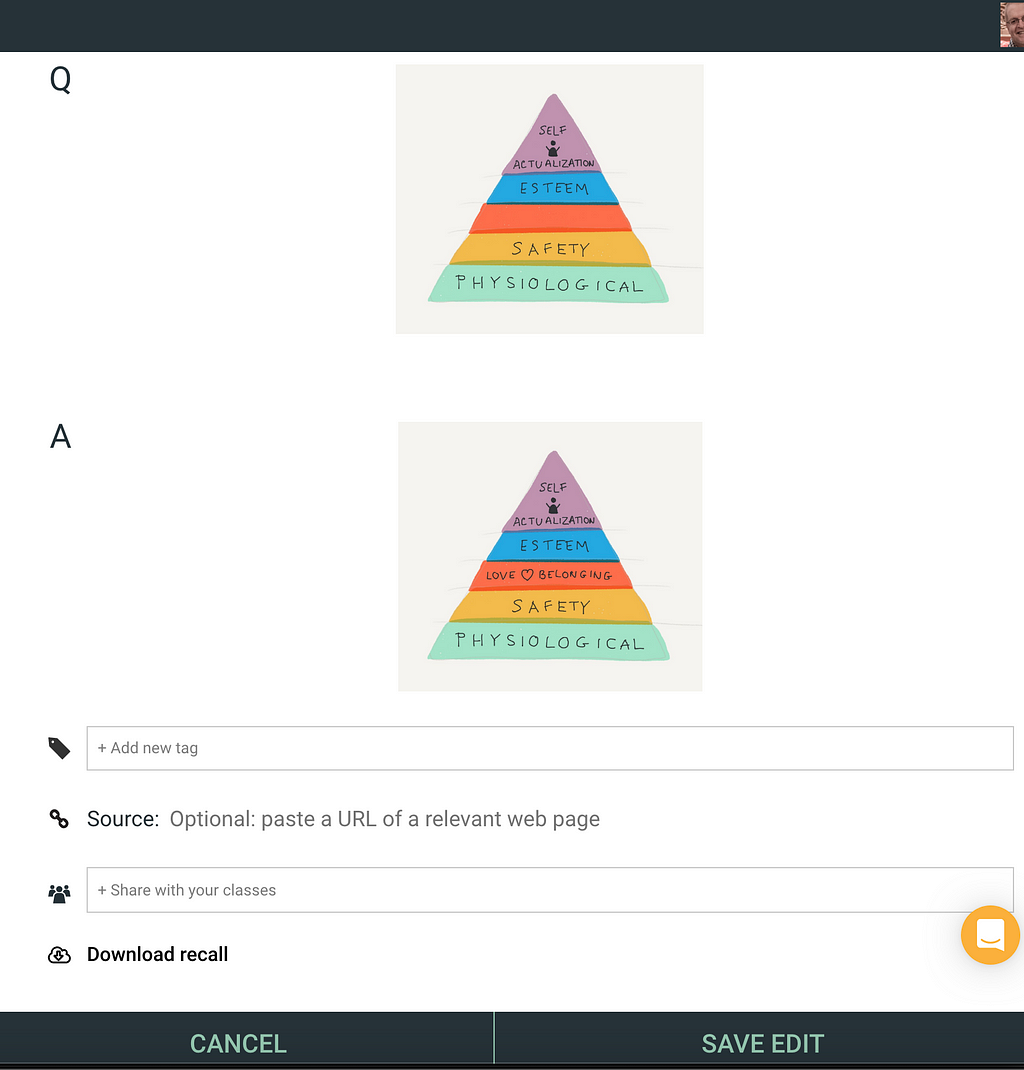 A depiction of a flashcard created at idorecall.com showing Maslow’s Hierarchy of Needs Pyramid.