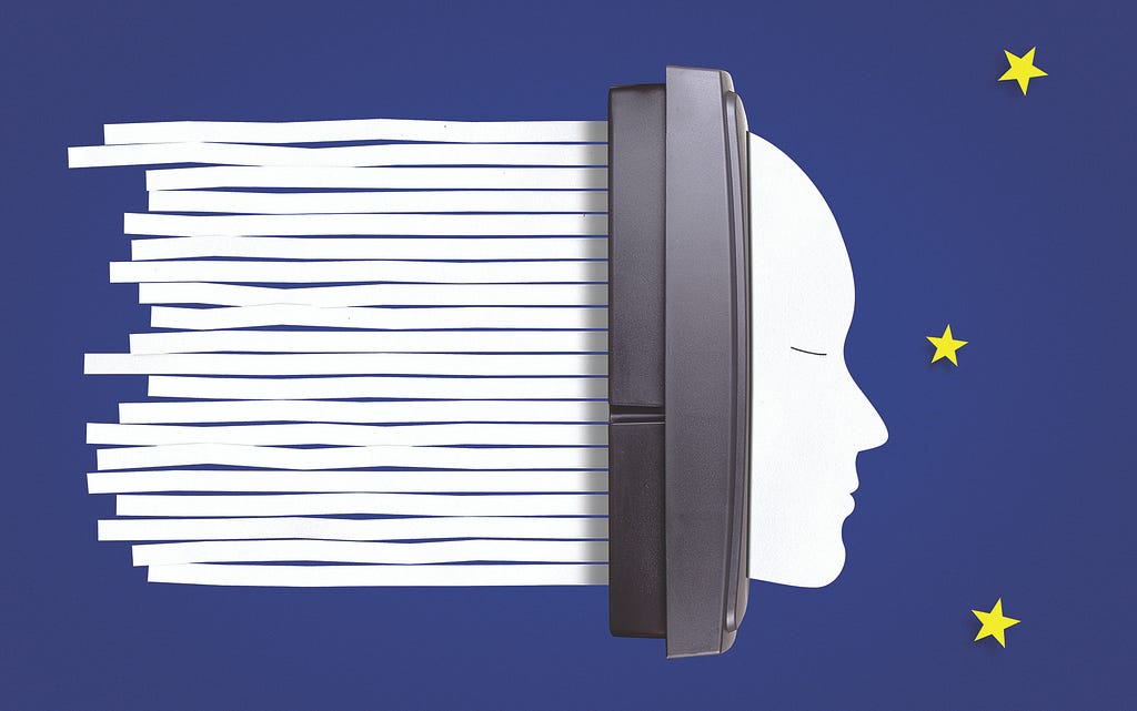 An illustration of a face going through a shredder. On the right is a face cut out of paper with stars around its face and on the left is the face going through a shredder in lots of spaghetti lines. The white paper is set against the blue background.