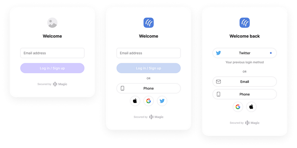 3 versions of the Magic Login form, illustrating the default state, basic branded view, and special state shown to returning users