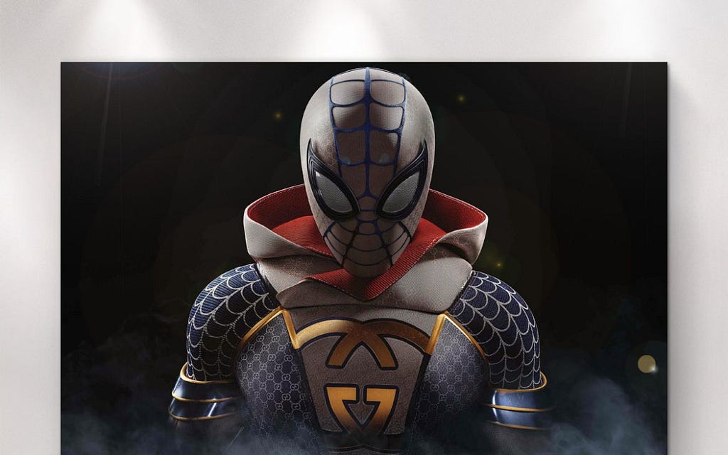 Spiderman character wearing Gucci printed outfit.