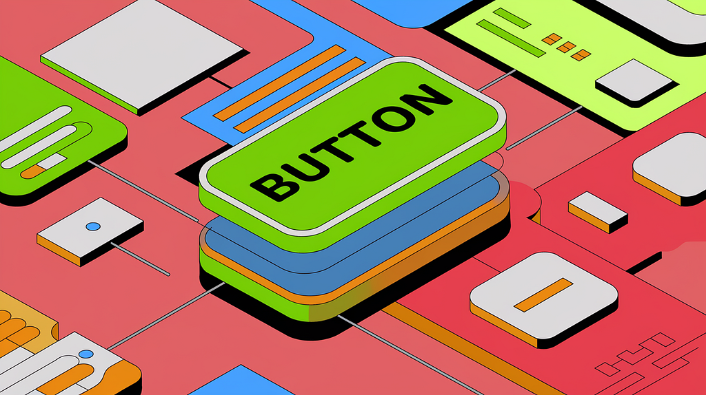 Alt text: A vibrant, abstract 3D illustration of a digital “Button” on a layered, circuit board-like background. The button is green with bold black text, and it sits atop various colorful layers (blue, orange, and green) connected to other elements resembling microchips and digital components. The scene resembles a technological interface or a futuristic digital design.