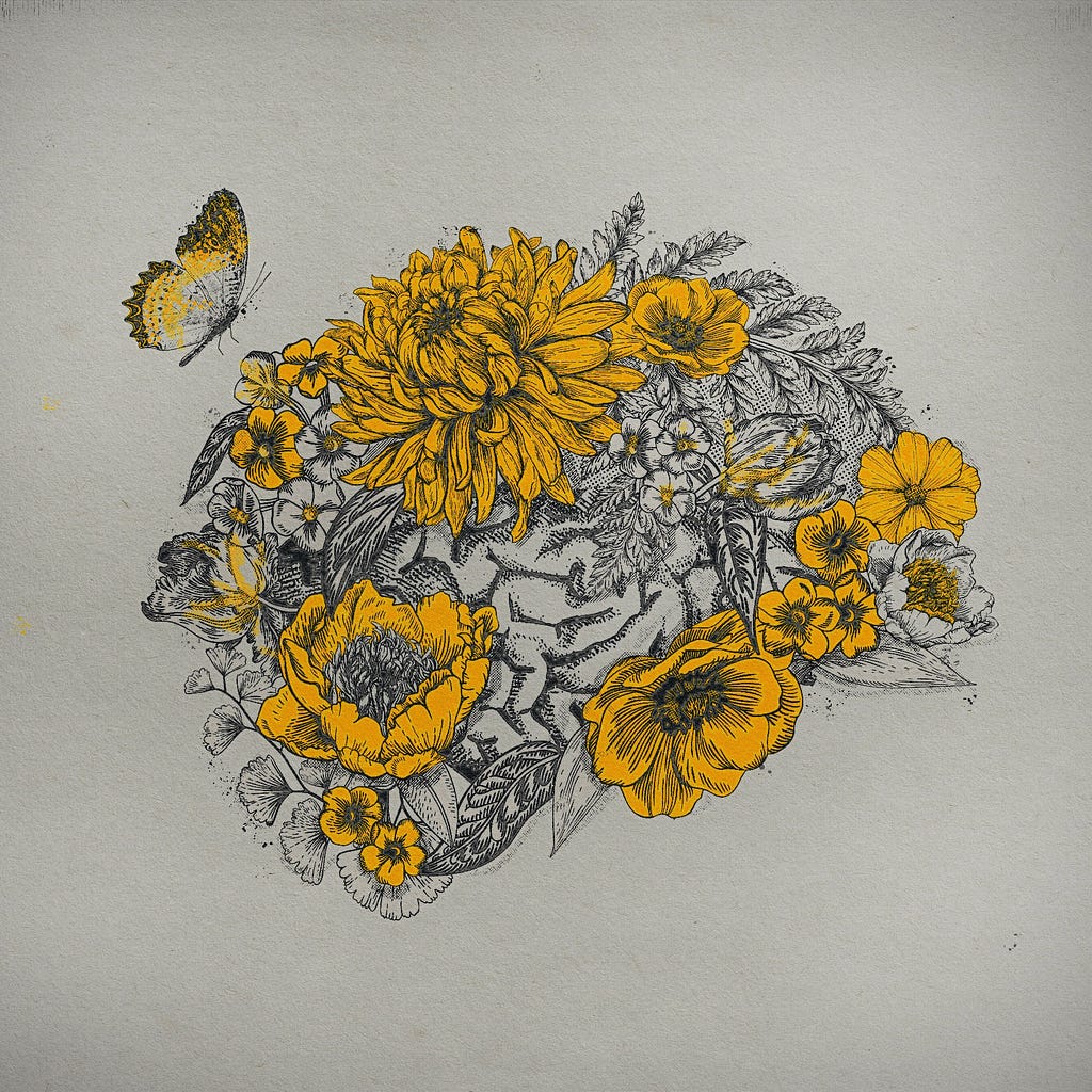 An illustration of a human brain with yellow flowers and a butterfly