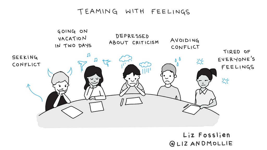 A graphical illustration of 5 people where each brings a different emotions to the table.