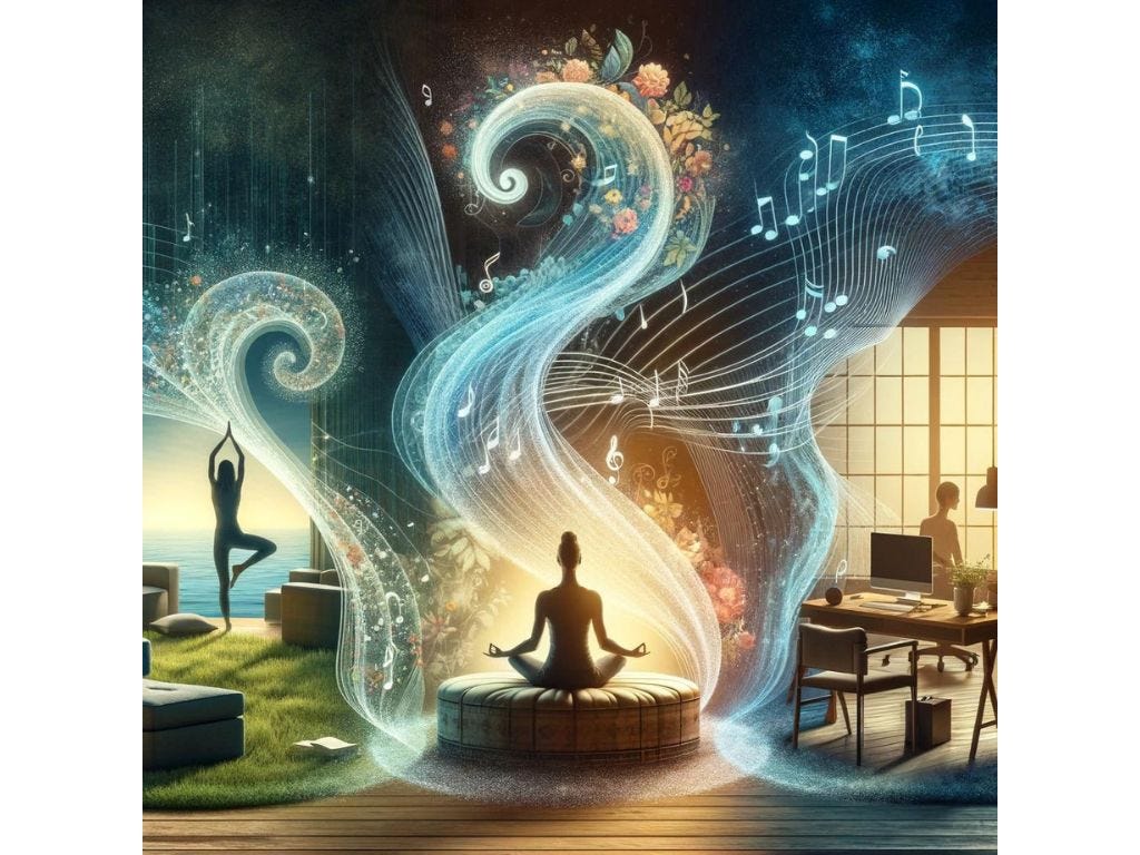 Various environments — a serene yoga studio, a peaceful meditation room, and a calm home office — unified by ethereal strands of music notes, illustrating the adaptability of meditation music in daily life.