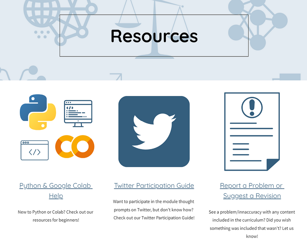 A piece of a screen capture from the MDSD4Health Resources page, including icons for Python/Colab Help, Twitter Participation Guide, and Report a Problem or Suggest a Revision. Visit https://www.mdsd4health.com/resources for text.