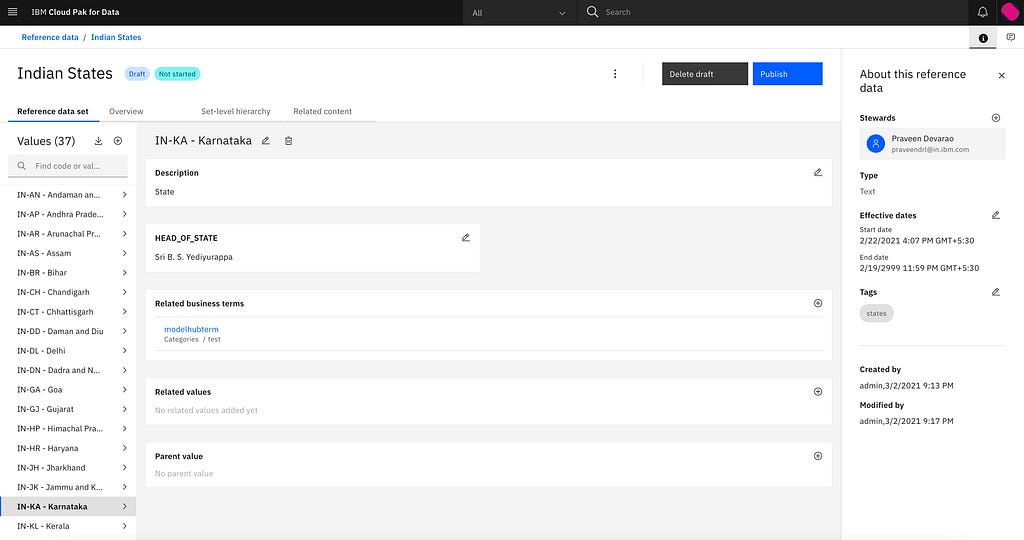 screenshot of one entry the reference data set called “Indian States” with the custom column value “head of state” added