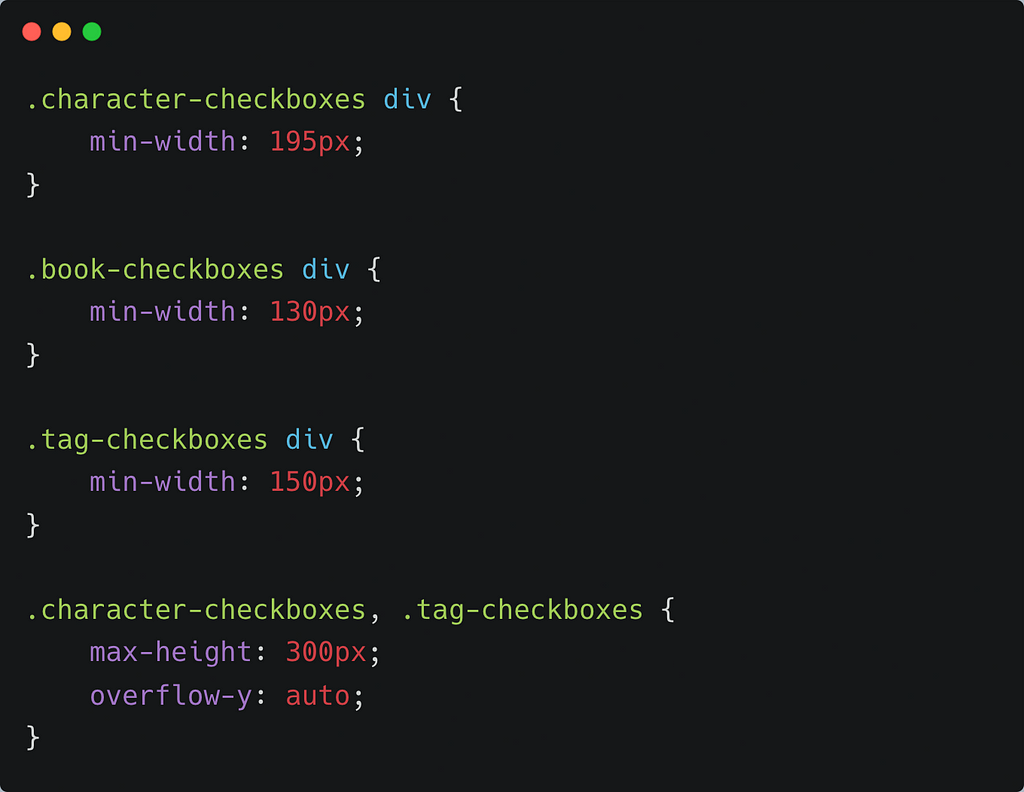 CSS code for styling the form.