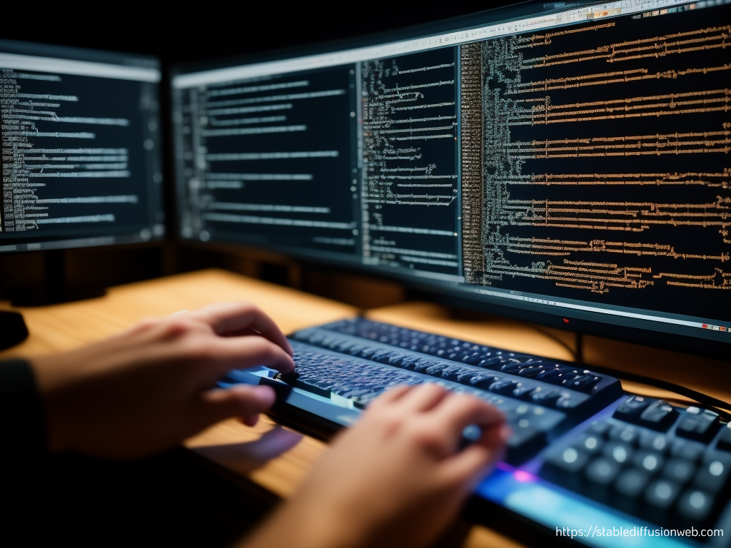 A programmer’s hands on keyboard, code on screen, professional software development workspace.