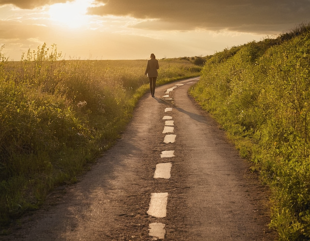 An image of a winding road that stretches out ahead, disappearing into the horizon. Alongside the road, there are signs of struggle — cracks in the pavement, overgrown weeds, and scattered debris. But amidst the challenges, there’s a sense of determination in the air. A lone figure walks confidently down the road, facing forward with a mix of vulnerability and courage. The sunlight breaks through the clouds, casting a warm glow on the path ahead, symbolizing hope and resilience.
