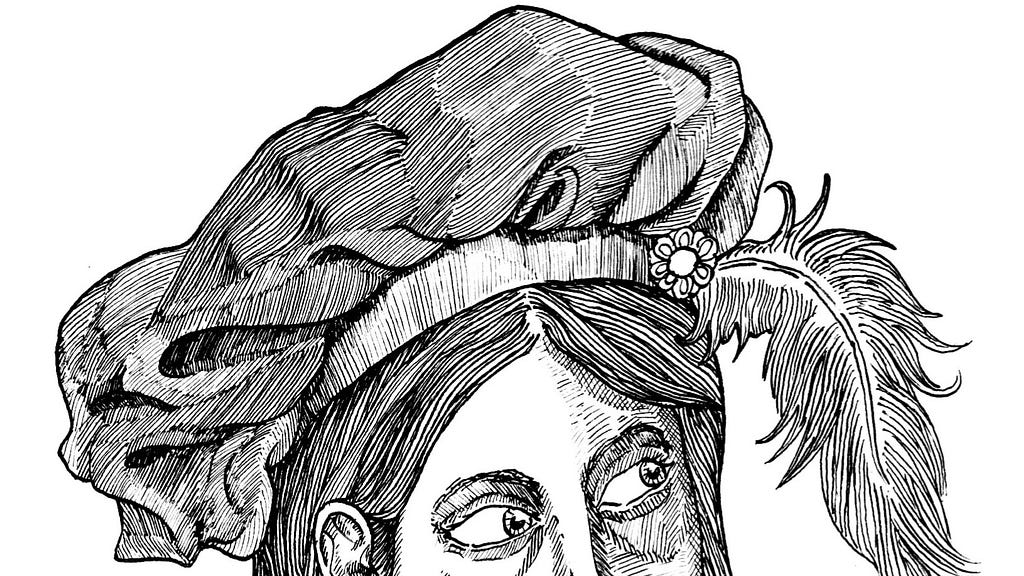 A pen and ink illustration depicting a cropped white person’s face with eyes visible, some dark hair, and a large hat in a vaguely late medieval or early renaissance style with a drooping ostrich feather