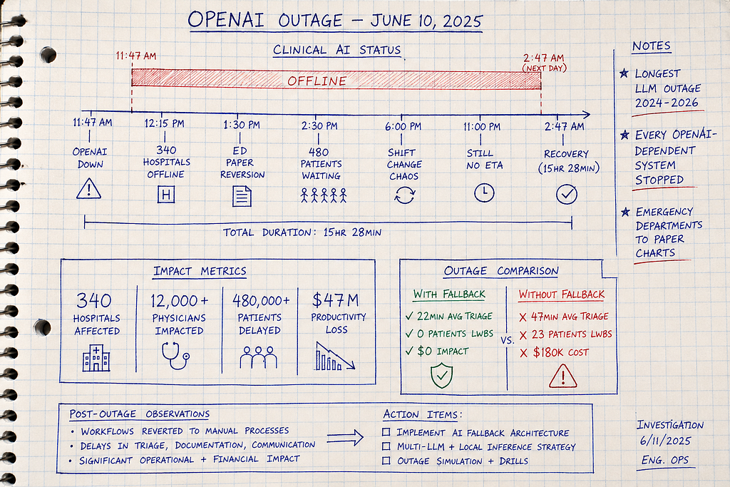 Hand-drawn timeline on graph paper showing June 10, 2025 OpenAI outage progression from 11:47 AM to 2:47 AM next day (15 hours 28 minutes total downtime). Impact annotations show 340 hospitals offline, 12,000+ physicians affected, 480,000+ delayed patient interactions, $47M productivity loss. Comparison shows hospitals with fallback systems maintained operations while those without suffered 2.6x longer triage times and service degradation.
