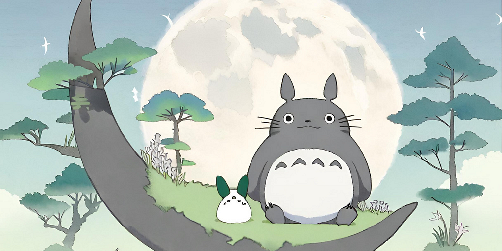 Totoro and another magical creature sit on a crescent-moon-shaped rock, with Japanese-looking trees and a moon behind them
