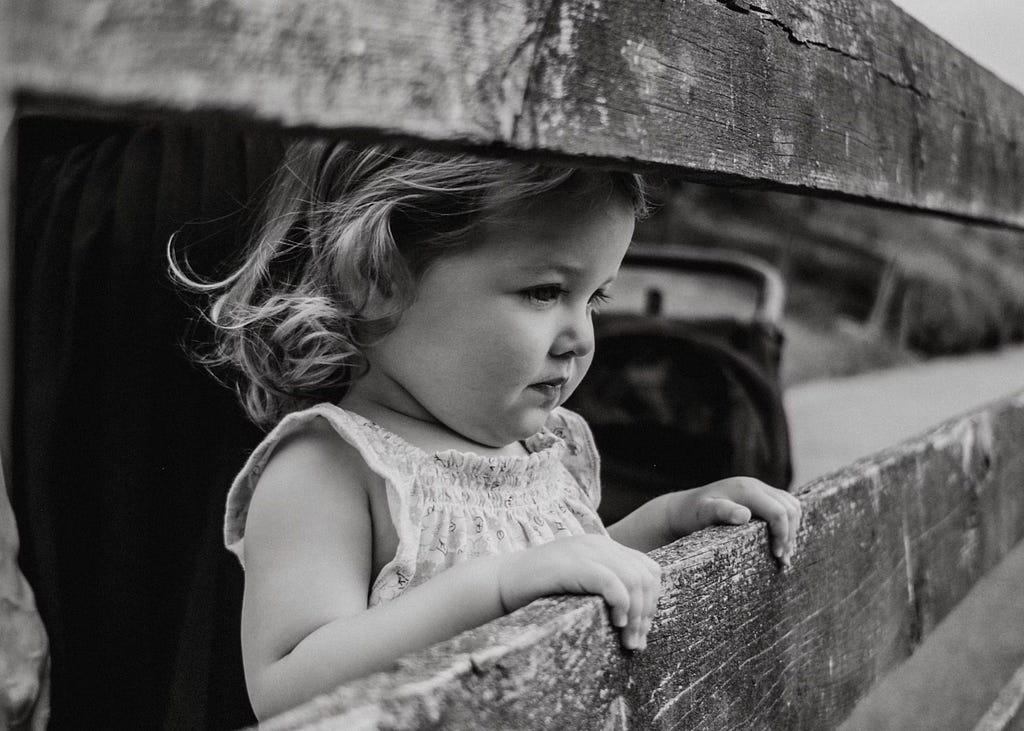 little girl wistfully looking through opening in wooden plank fence, a poet