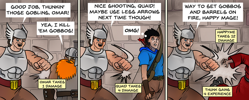 3 panel comic with Thunk punching his friends and accidentally hurting them.