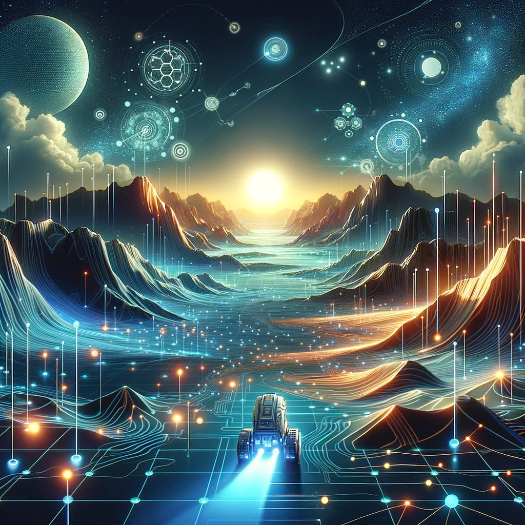 A futuristic landscape with automated algorithms navigating the hyperparameter space, symbolizing the future frontier of hyperparameter tuning.
