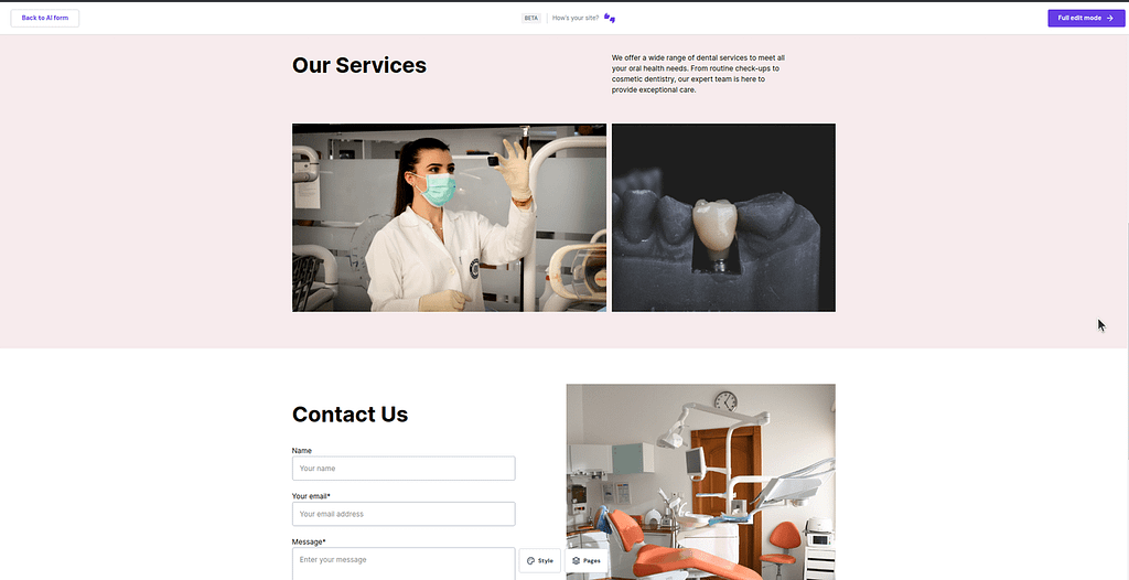 preview of dental clinic website generated using hostinger AI