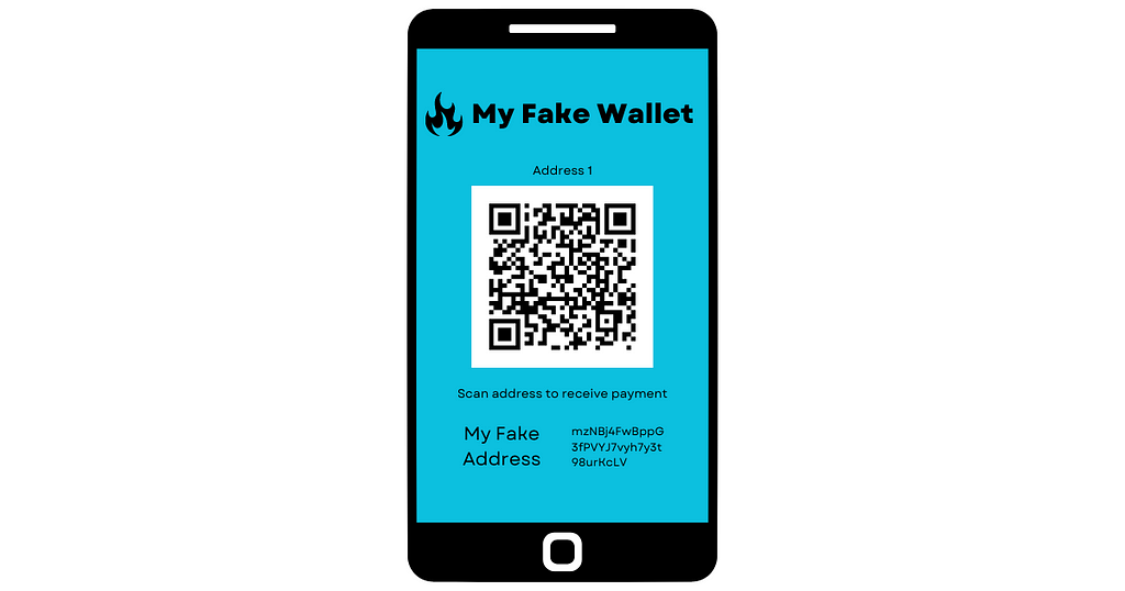A picture of a cell phone with “My Fake Wallet” and a QR code with the heading “address 1” is shown. Below the QR code it says “Scan address to receive payment”