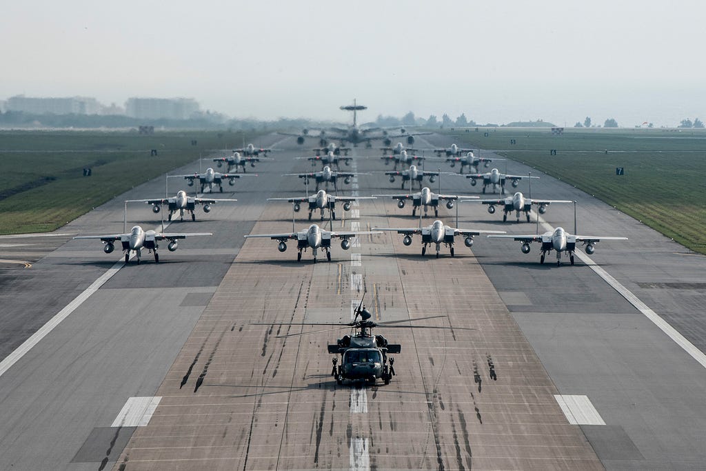 Fully armed aircraft from the 18th Wing conduct an elephant walk during an exercise at Kadena Air Base, Japan, April 12, 2017. Photo by SrA John Linzmeier/U.S. Air Force