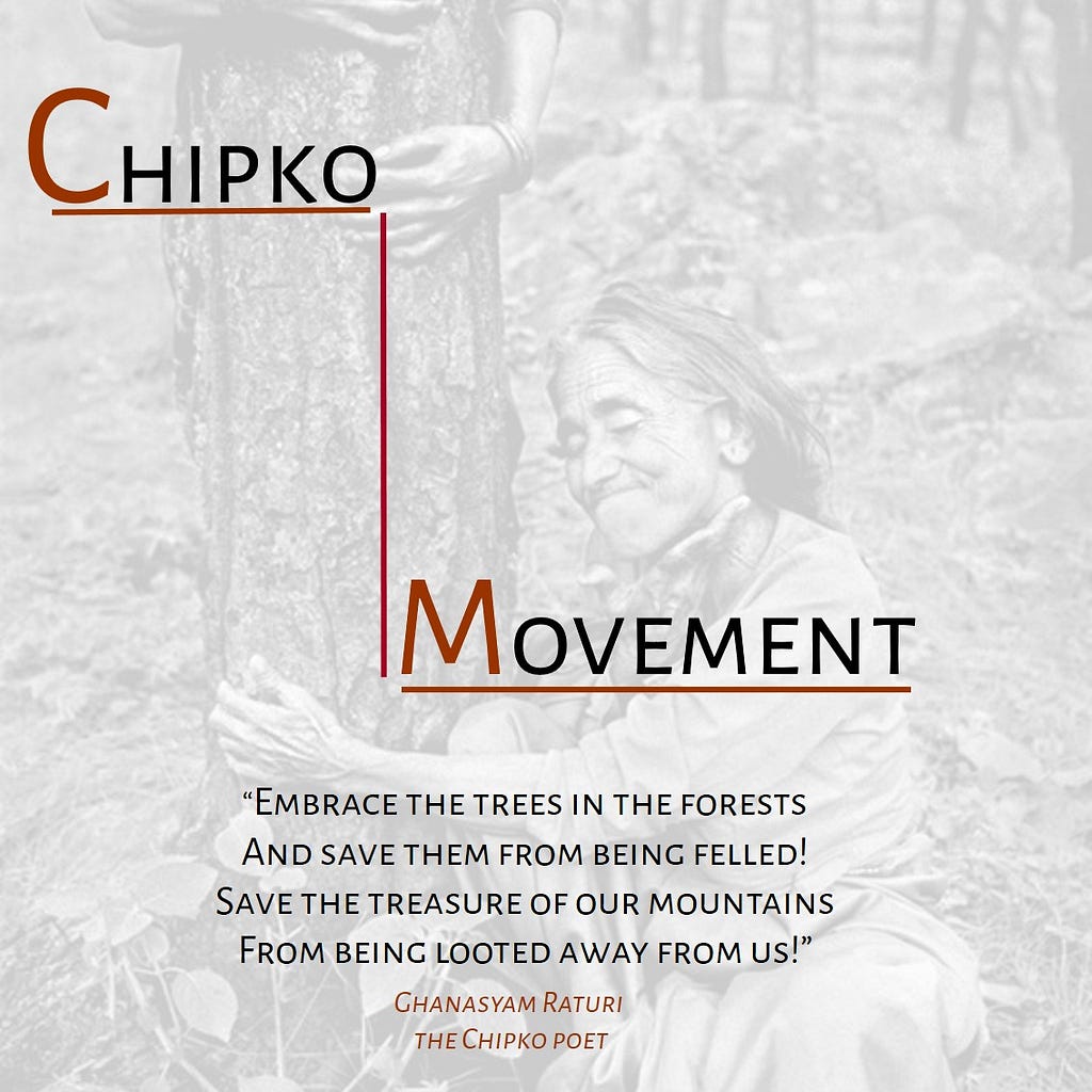 The picture depicts a women hugging a tree. Chipko movement