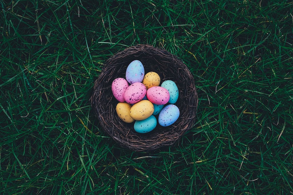 Image of a basket of colourful eggs