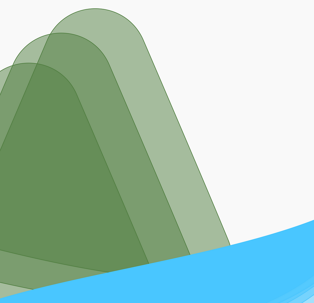 Three green mountains an a blue river made out of simple shapes