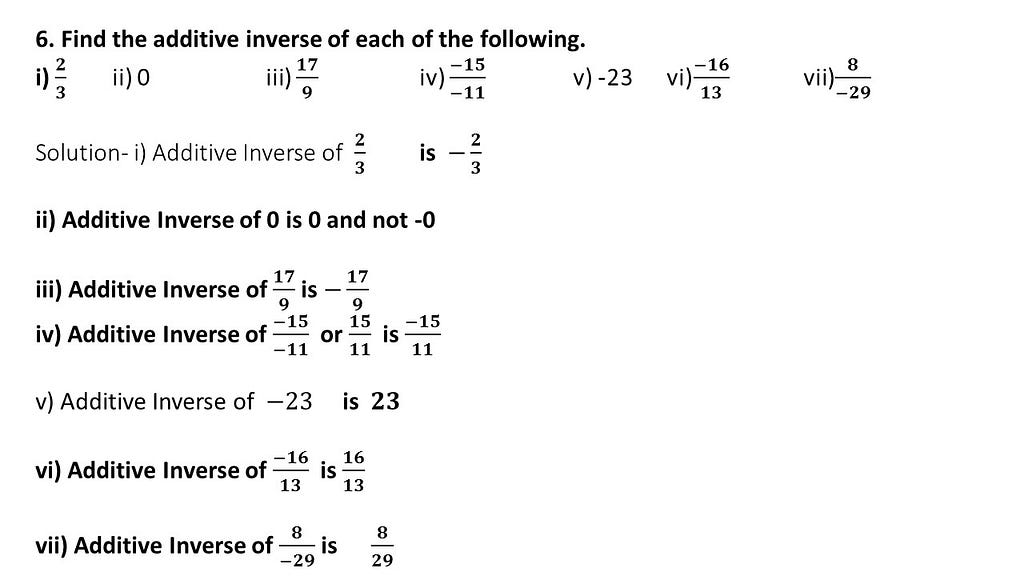 Additive inverse of rational numbers questions answers