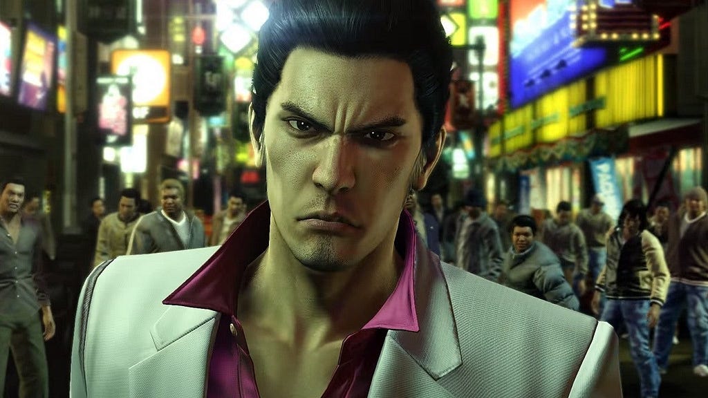 Screenshot from Yakuza Kiwami, featuring a close up shot of Kazuma Kiyru looking aggressive, while a group of thugs are behind him.