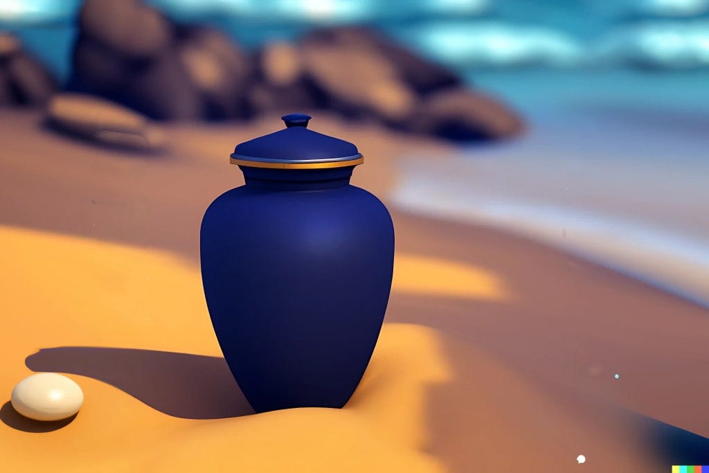 A blue urn sitting on a beach.