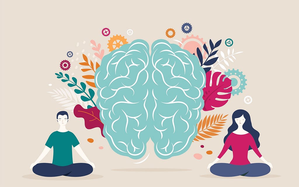 Young woman and man sit with crossed legs and meditate with brain icon on the background. Vector illustration
 By Marina Zlochin