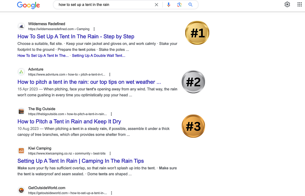 Google search results with a podium for top 3 pages