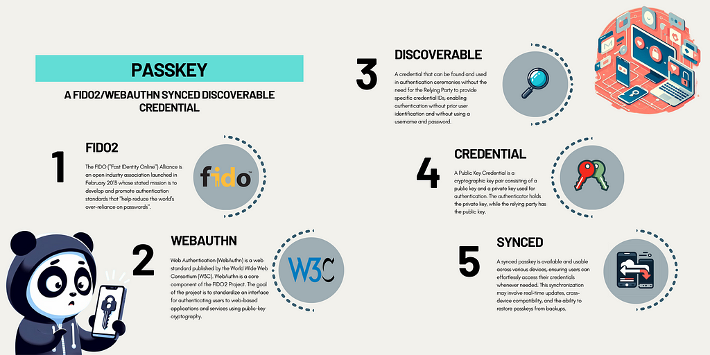 A passkey infographic / cheatsheet illustrating the key points of the synced discoverable credential