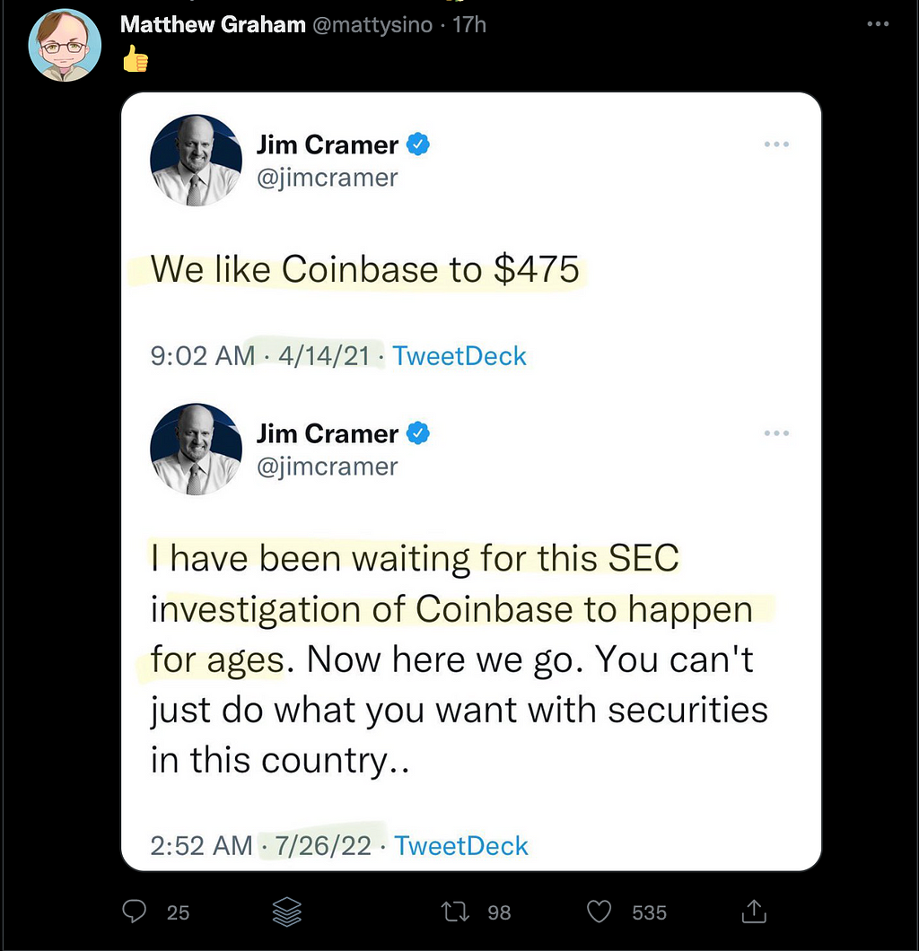 Jim Cramer coinbase tweets