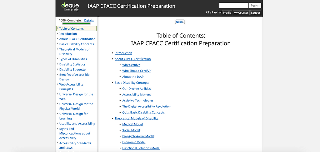 Screenshot showing the Table of Contents and outline for the Deque University CPACC prep materials through their course website.