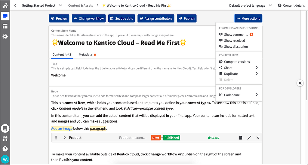 Quick actions functionality in a content item in Kentico Kontent