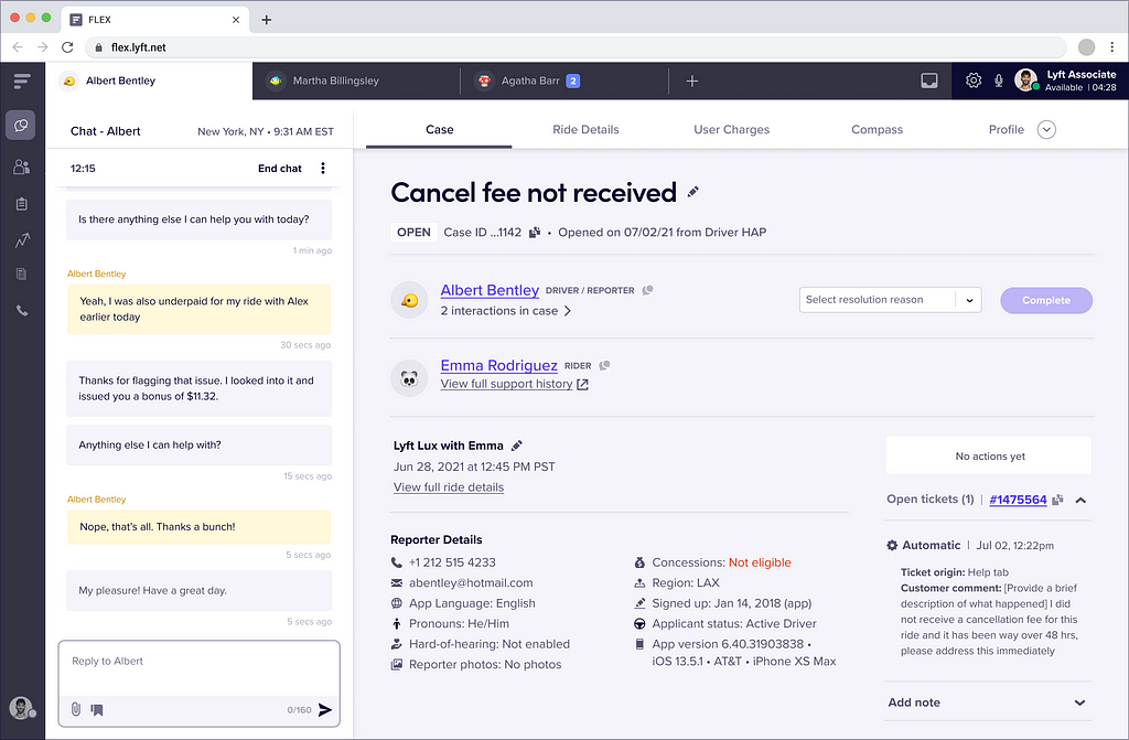 Lyft support agents utilize a custom instance of Twilio Flex in their web browser to resolve customer issues via chat, where a chat with customers is displayed on the left and an investigation view is on the right side.