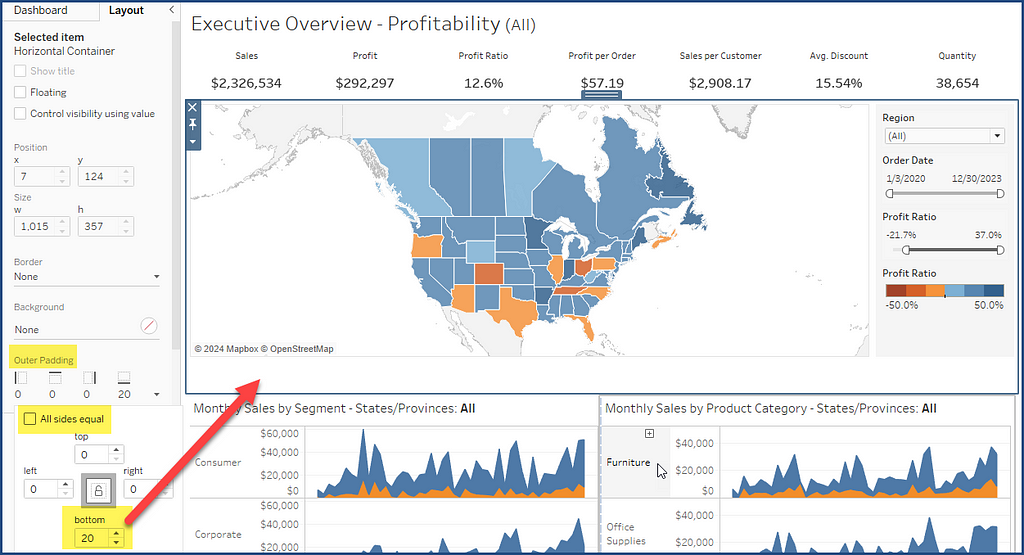 Superstore Sales dashboard showing the use of a blank to create space between vizzes