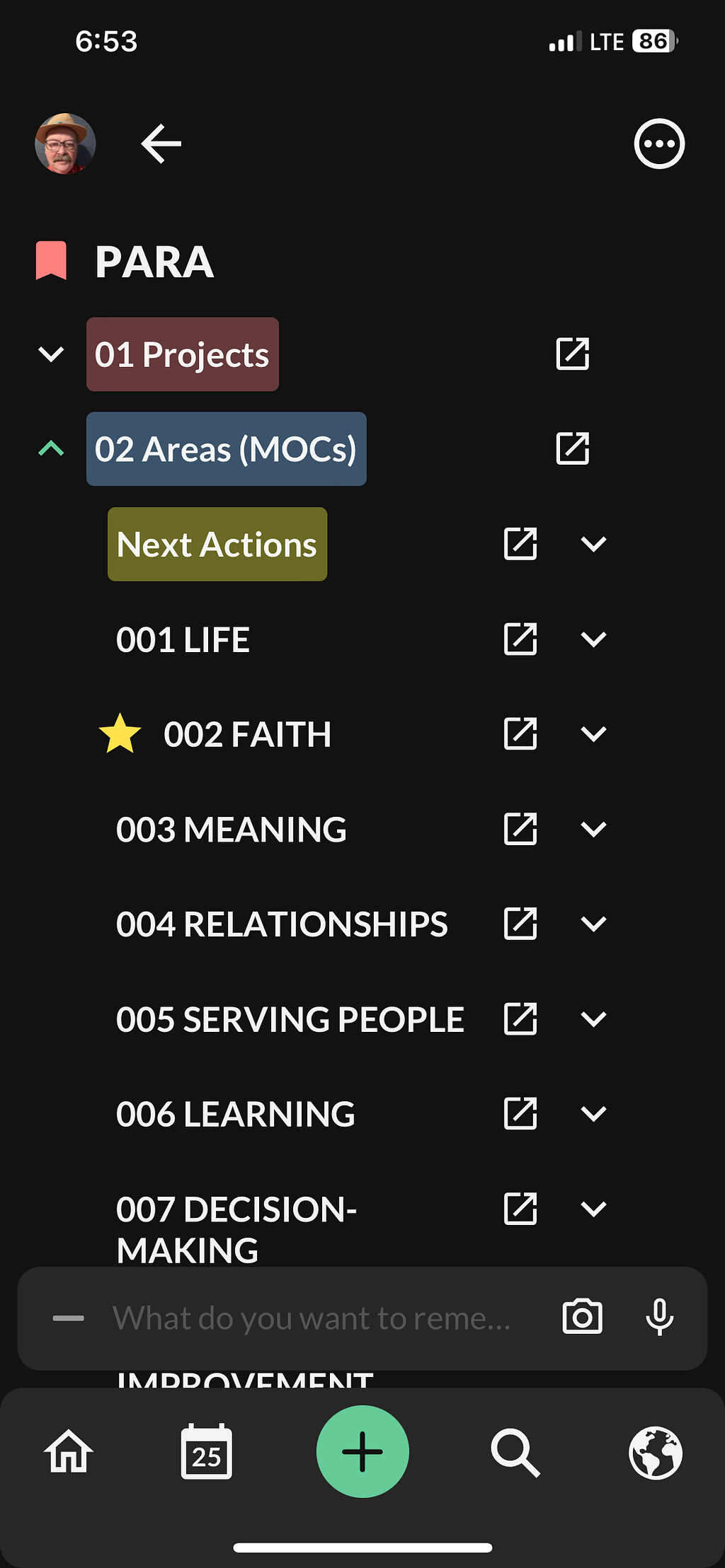 A screenshot of my Areas list in Twos.