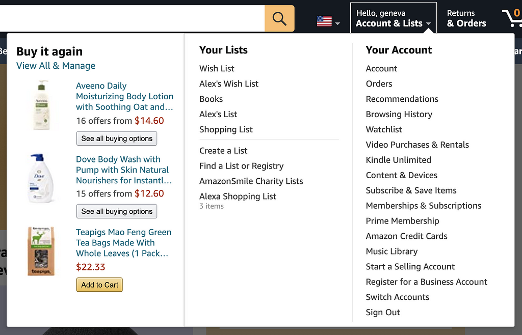 screenshot of Amazon account dropdown page