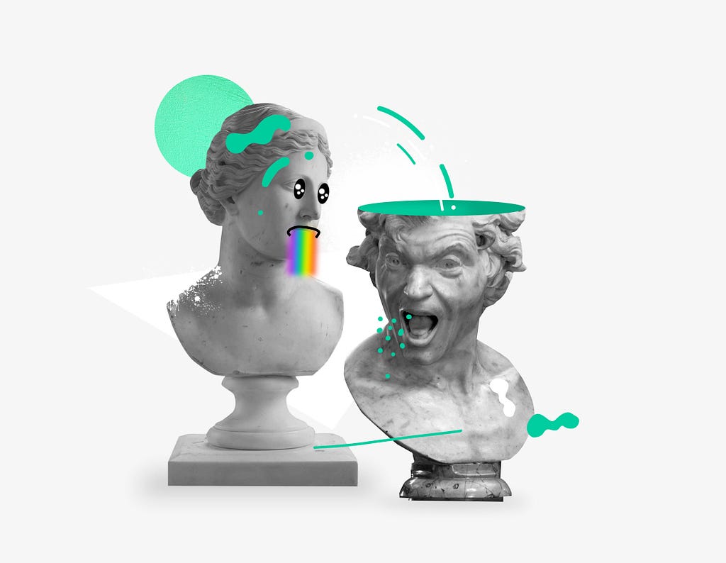 Two head statues, one with rainbow coming from mouth.