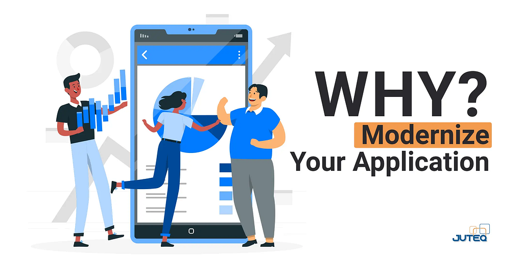 “Illustration of three people discussing in front of a giant smartphone displaying charts, with the bold text ‘WHY? Modernize Your Application’ emphasizing the importance of updating apps for better performance and functionality, presented by JUTEQ