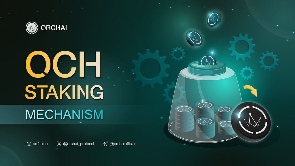 Text “OCH Staking Mechanism,” Orchai’s logo and social accounts are on the left, and images depicting the OCH stacking mechanism are on the right