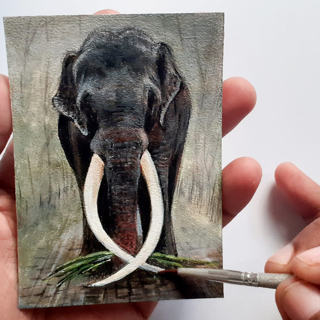 You may discover Hasanthi Weerakoon’s time-lapse, step-by-step lesson for the Muthu Raja-Sak Surin Elephant concept art creation on the HandcraftedJoy YouTube channel.