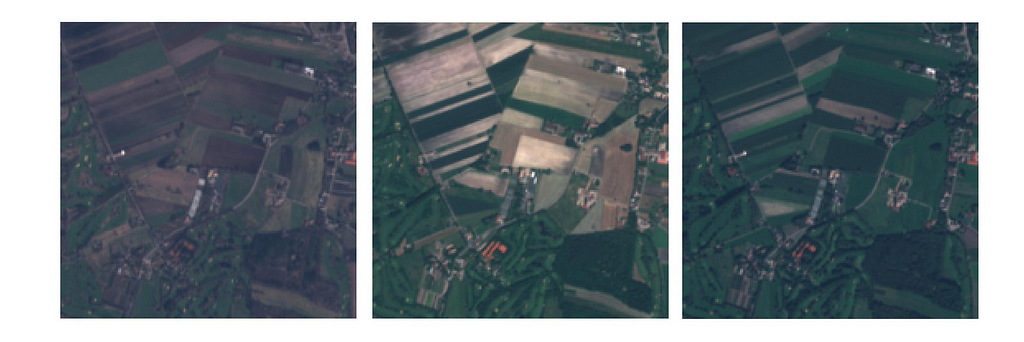 Three images over the same location at different times. Seasonal changes are visible, especially over agricultural area.