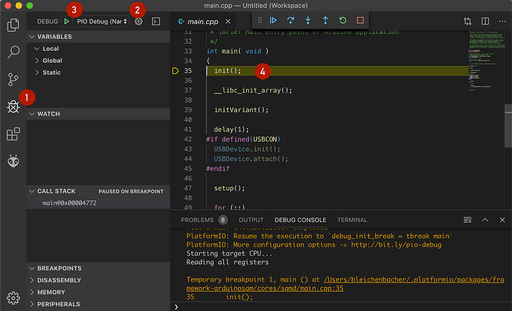 PlatformIO debugging session: debug view, configuration selection, start, first breakpoint
