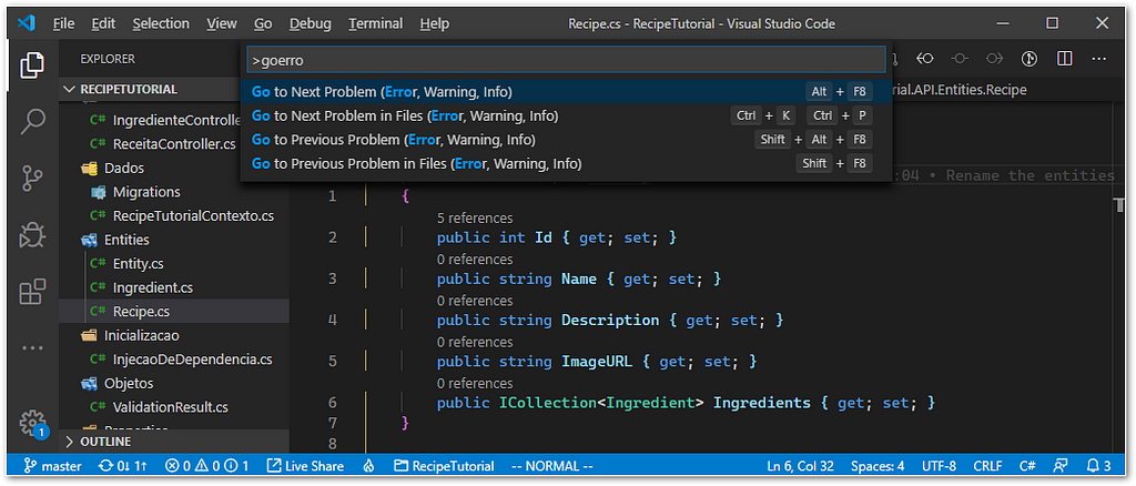 VS Code showing different commands such as “Go to Next Problem (Error, Warning, Info)” from the input “goerro”.