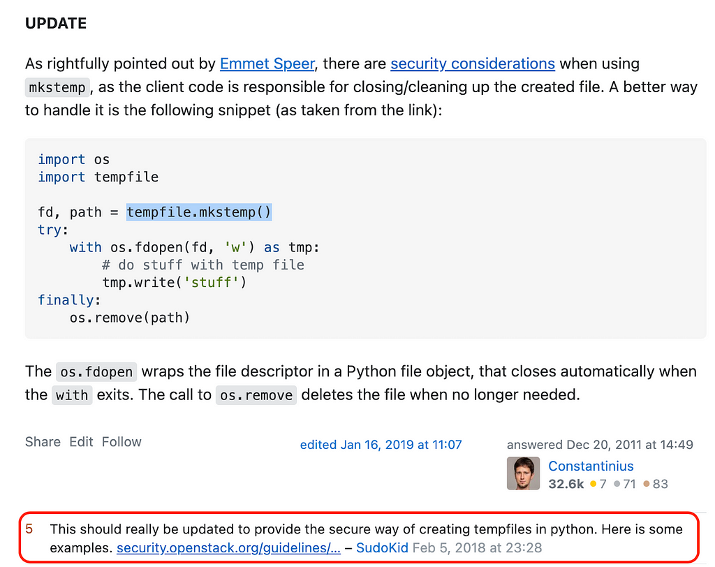An insecure Stack Overflow answer on how to create temporary files with python and the security update 7 years after