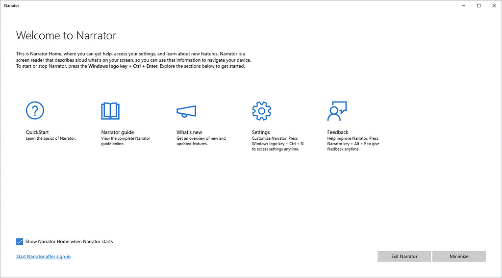 The image shows the Narrator’s welcome screen on Windows 10.
